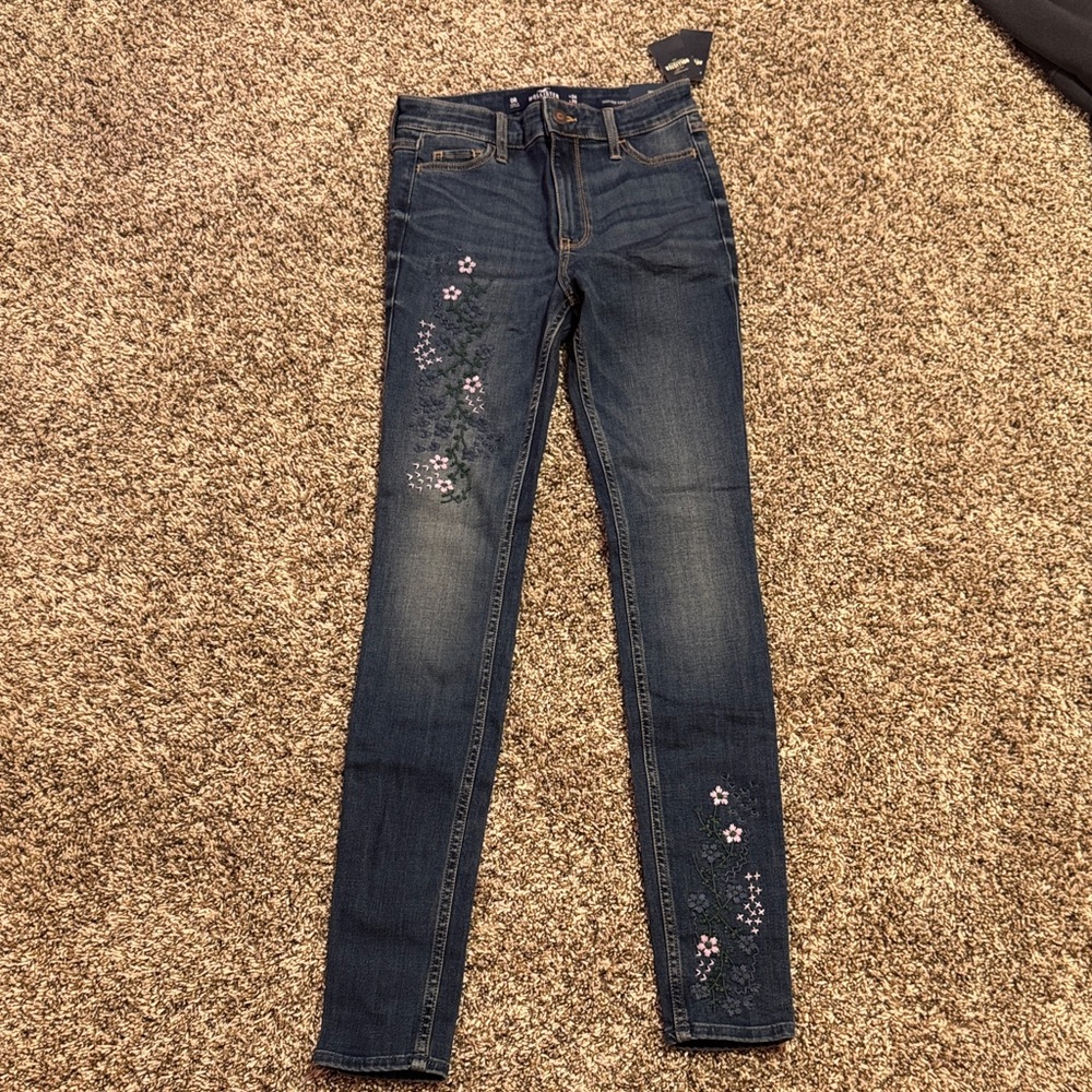 Hollister Dark Blue Skinny Jeans with Pink Floral Accents
